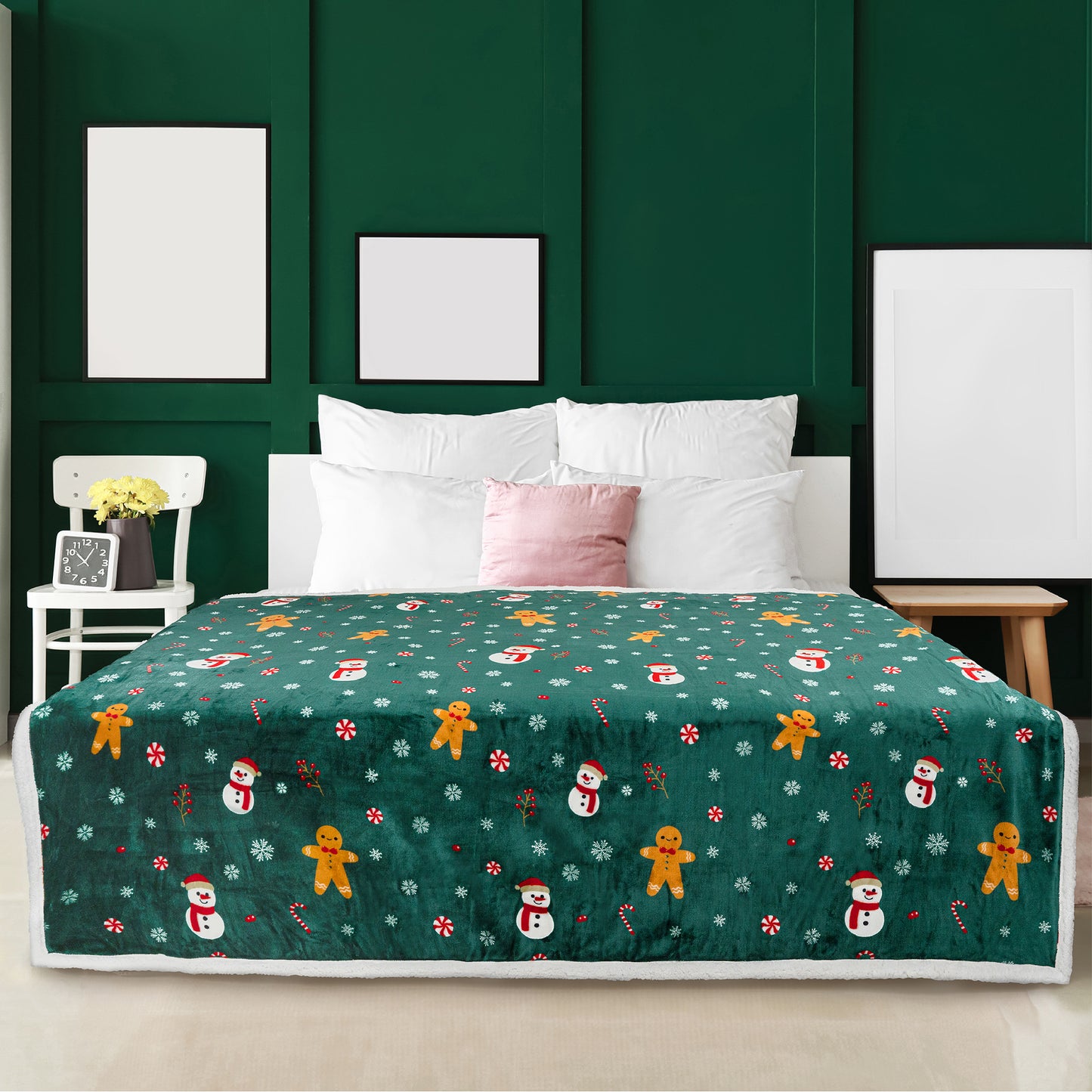 Christmas Blanket Holiday Theme Print Warm Sherpa Fleece Throw Sofa Couch Bed