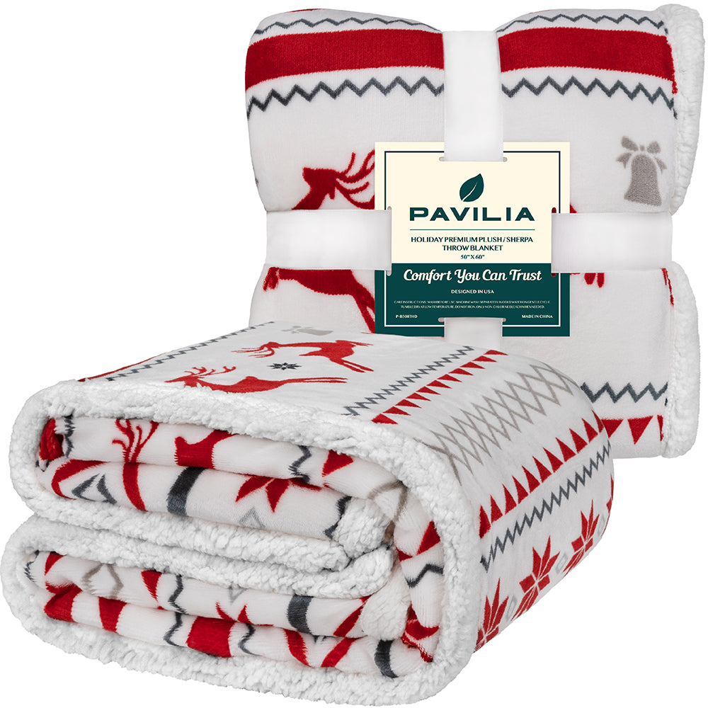 Christmas Blanket Holiday Theme Print Warm Sherpa Fleece Throw Sofa Couch Bed