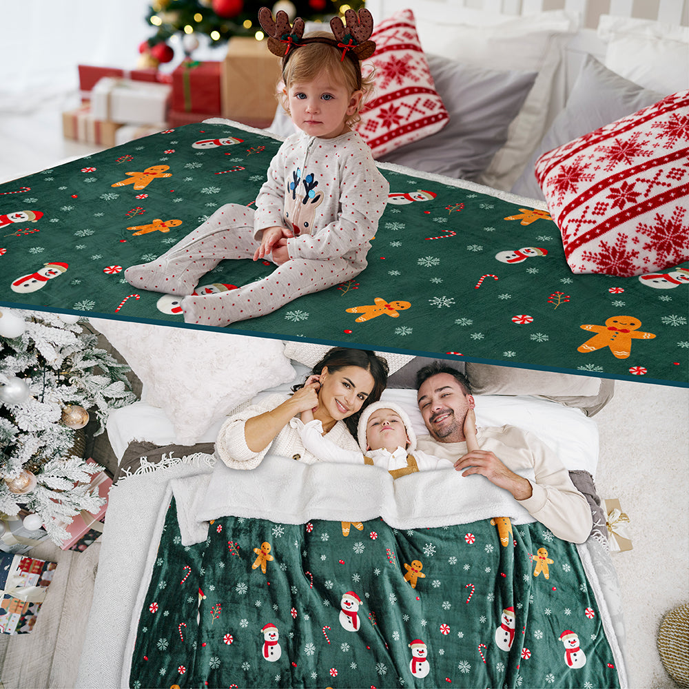 Christmas Blanket Holiday Theme Print Warm Sherpa Fleece Throw Sofa Couch Bed