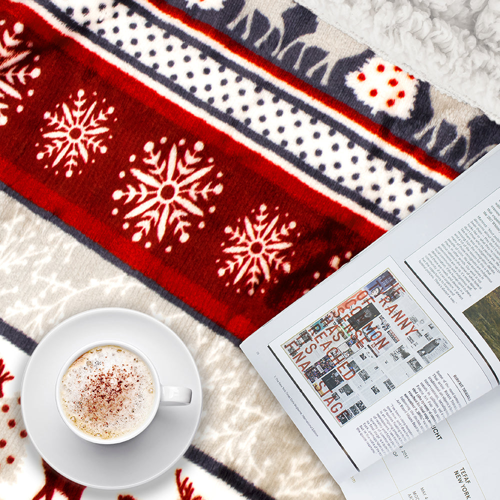Christmas Blanket Holiday Theme Print Warm Sherpa Fleece Throw Sofa Couch Bed