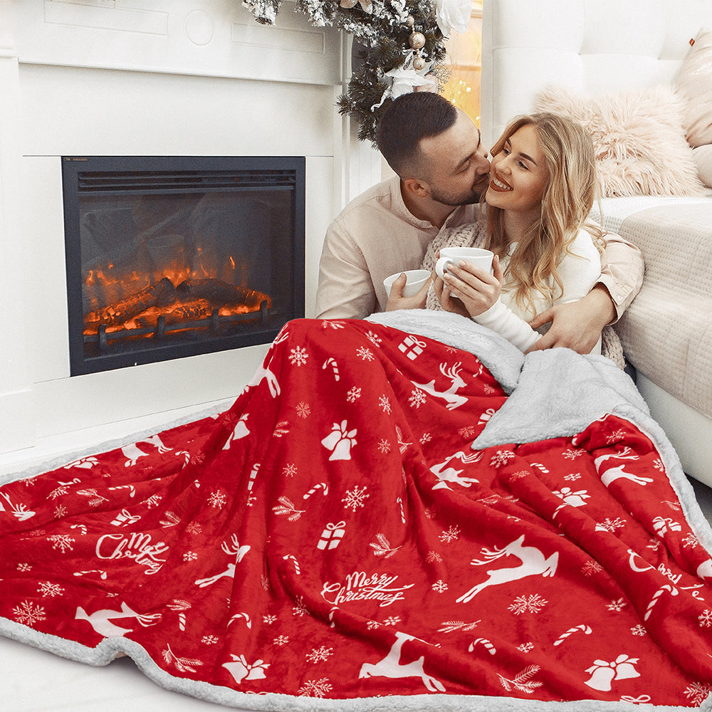 Christmas Blanket Holiday Theme Print Warm Sherpa Fleece Throw Sofa Couch Bed