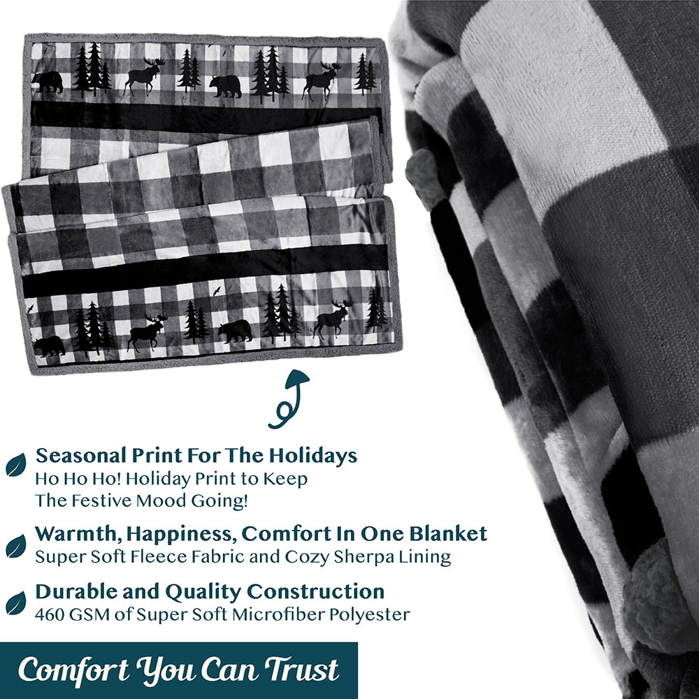 Christmas Blanket Holiday Theme Print Warm Sherpa Fleece Throw Sofa Couch Bed