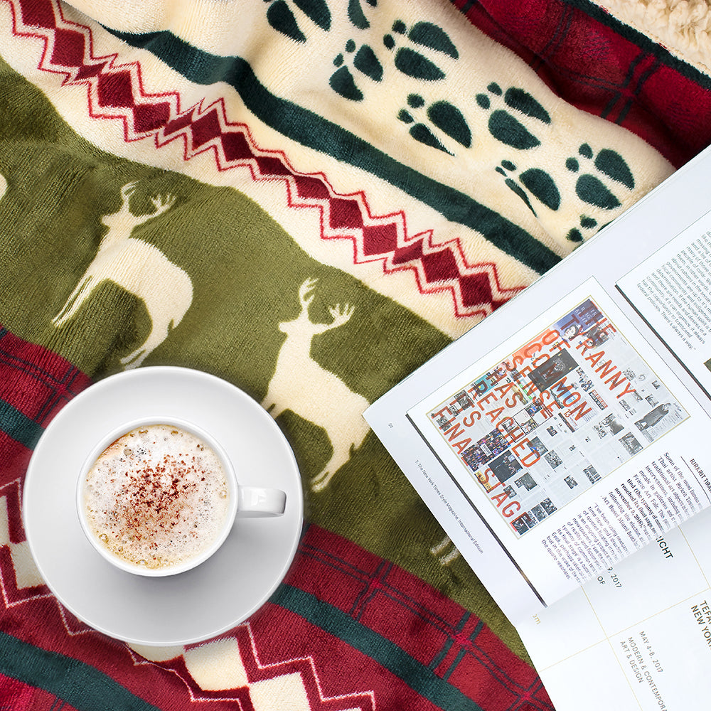 Christmas Blanket Holiday Theme Print Warm Sherpa Fleece Throw Sofa Couch Bed