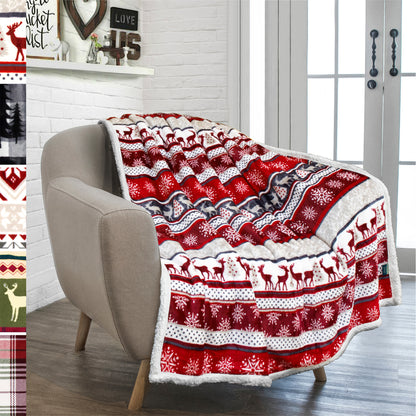 Christmas Blanket Holiday Theme Print Warm Sherpa Fleece Throw Sofa Couch Bed