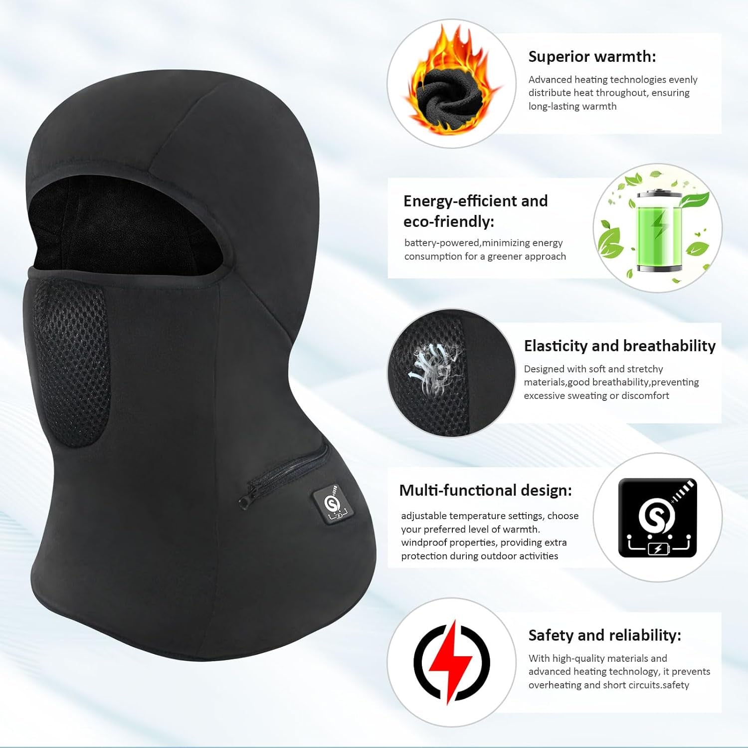 Heated Ski Mask Balaclava for Men & Women, Electric Heated Face Mask,Winter Outdoor Black Windproof