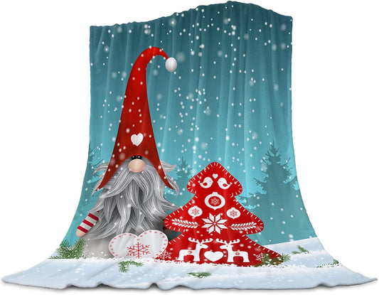 Christmas Gnomes Throw Blanket Flannel Microfiber Blanket, Red Xmas Tree Snowflake Reindeer Fleece Blankets - 40 X 50 In, Soft Warm Cozy Throw Blue Lightweight Blanket for Couch Sofa Bed